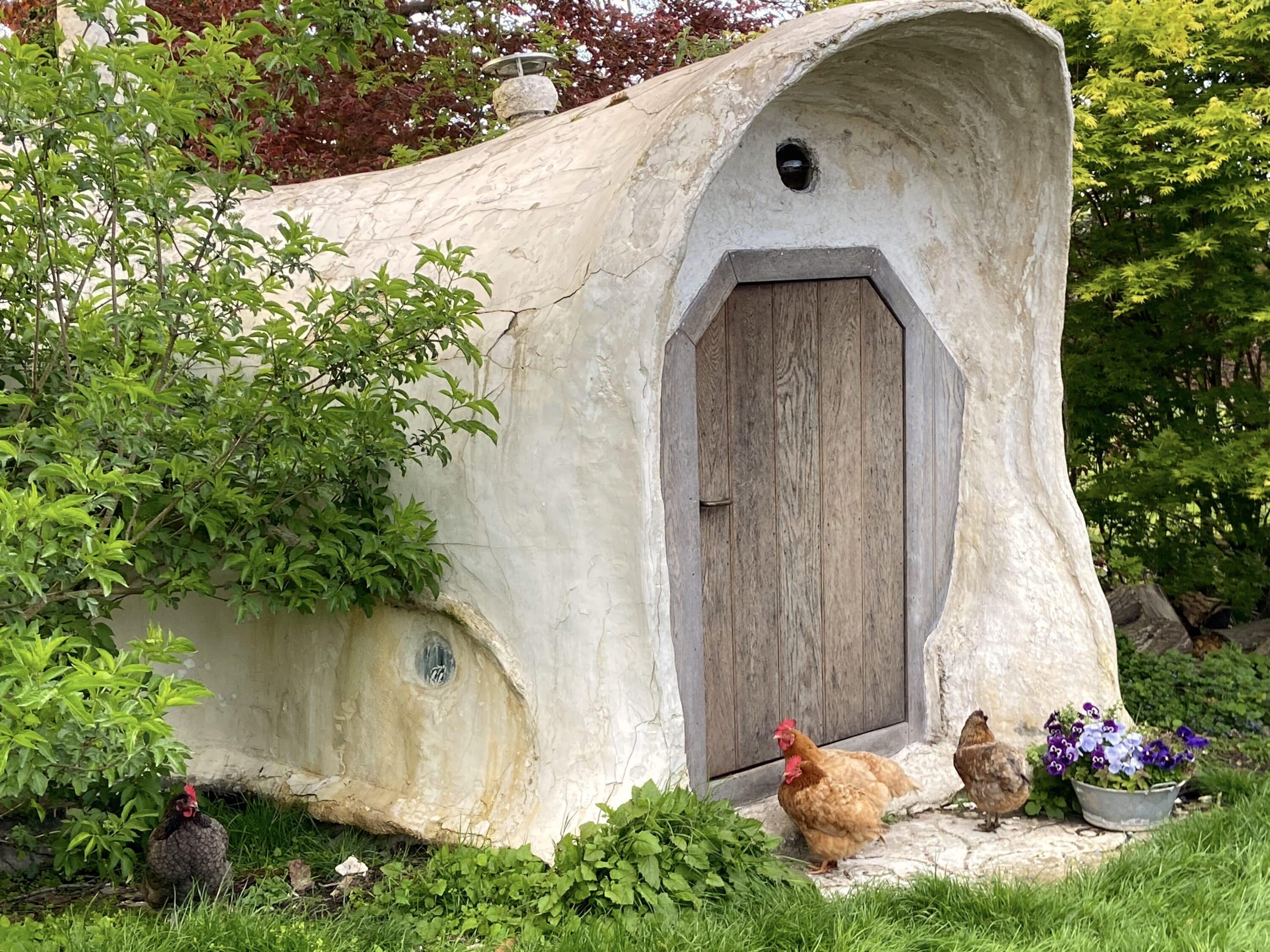 Une Kerchanvre en chaux-chanvre, porte en bois et poules, dans le jardin de Pas à Pas à Éghezée